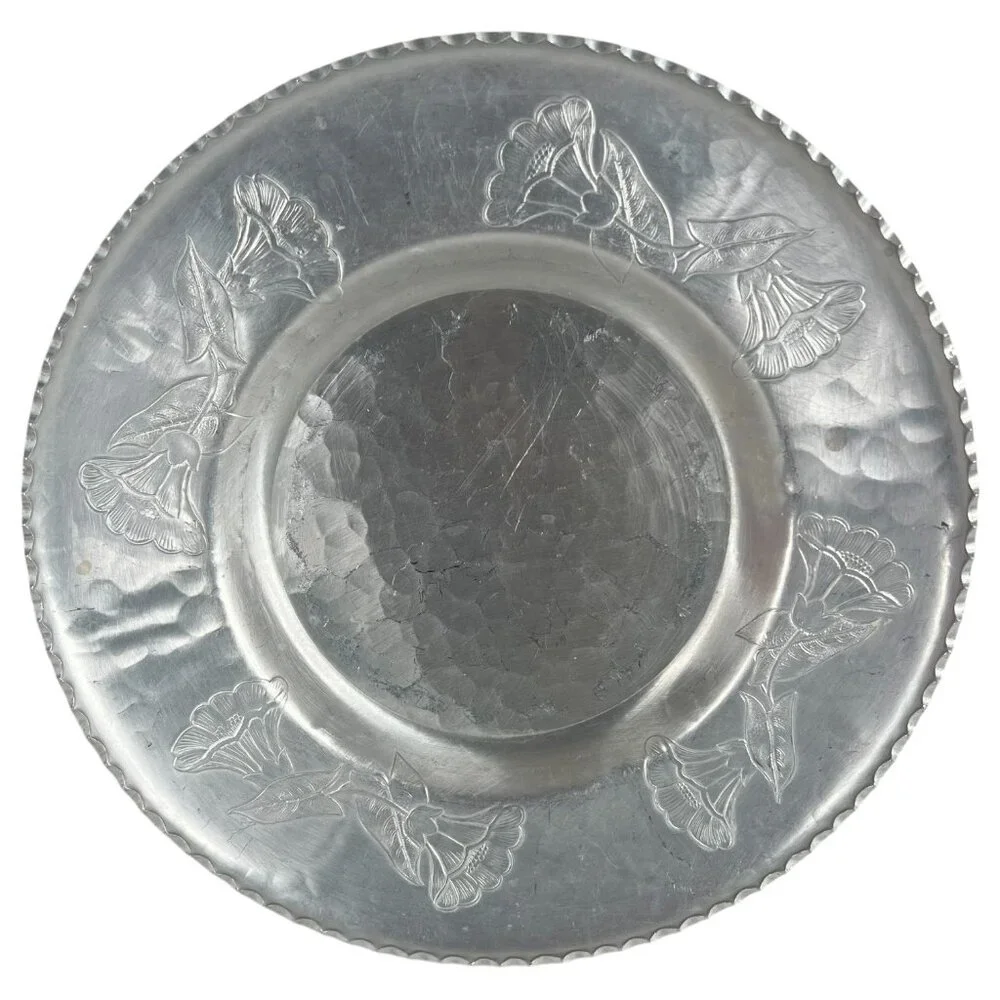 Vintage Farberware Wrought Aluminum Tray Plate‎ Morning Glory Pattern Round USA